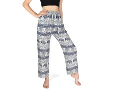 Kalhoty jóga CHANG, krémové, sloni, modrý potisk