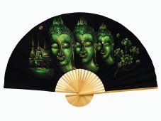 Vějíř bambus, samet, 215 x 127 cm - Buddha, chrám, zeleno-zlatá