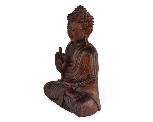 Dřevěná soška Buddha 30 cm tmavá - Vitarka mudra - učení, II. jakost