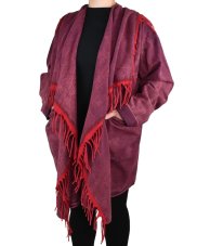 Kardigan TIDA, vínový, červené třásně