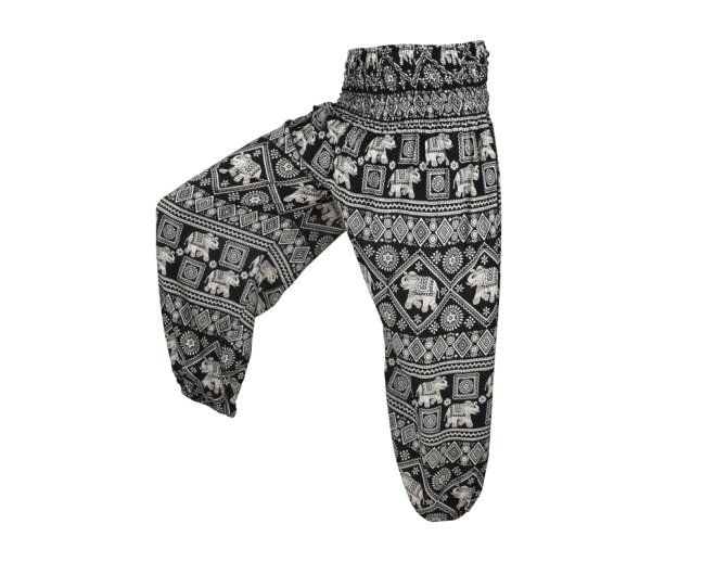 Kalhoty Joga WASTE, černé, sloni a ornamenty