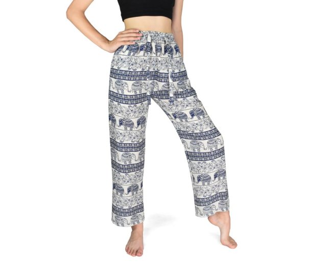 Kalhoty jóga CHANG, krémové, sloni, modrý potisk - Velikost: S