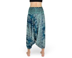 Harémové kalhoty aladin NATSU, sloni, kormidlo, tyrkysová, bez šňůrky, ornament v pase