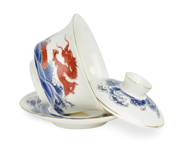 Porcelánový zhong/gaiwan Dragon, bílý, červený drak, 160 ml