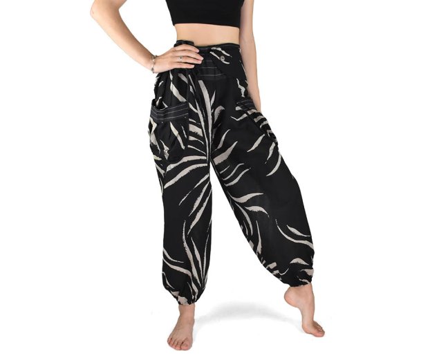 Kalhoty ARAN, černé,potisk "Pruhy", pasovka levá